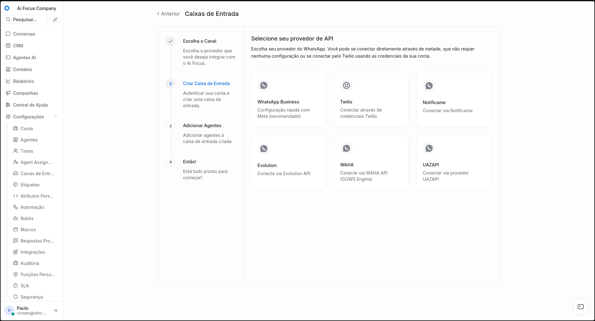 Opções de conexão WhatsApp: Business, Evolution, WAHA, UAZAPI