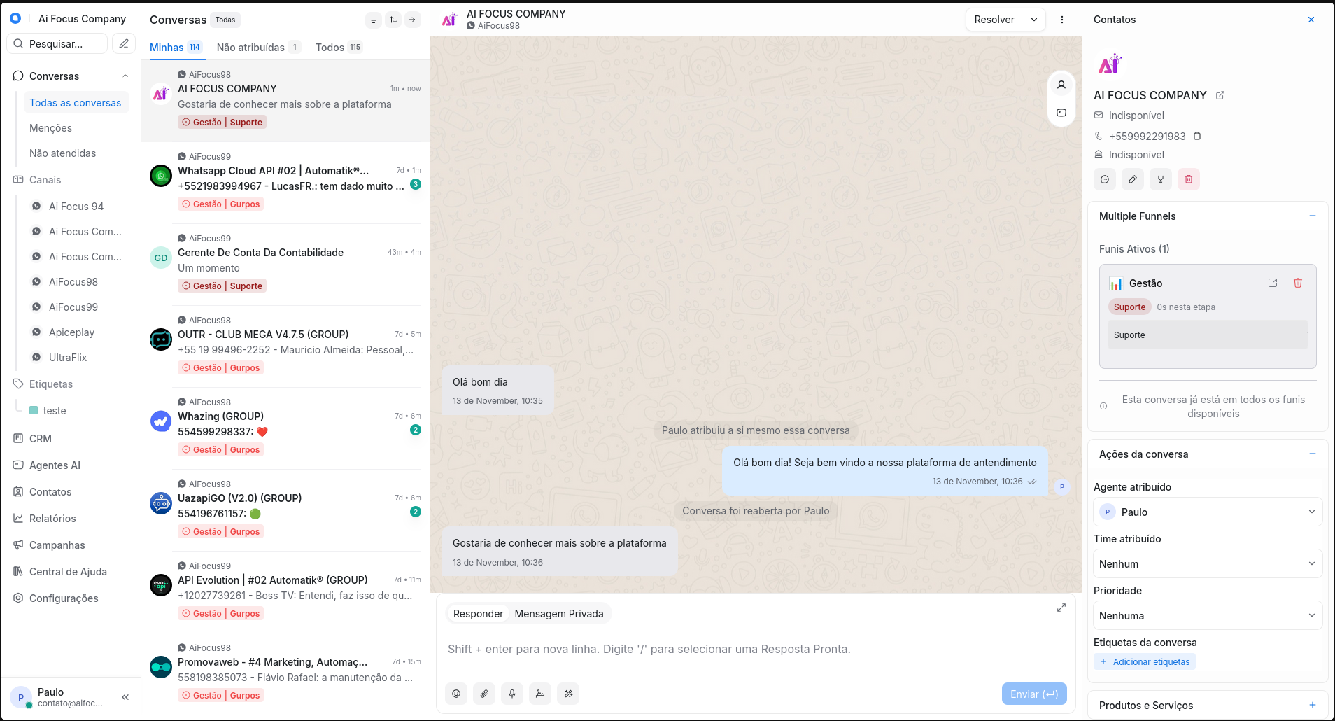 Interface do Chatwoot mostrando conversas ativas